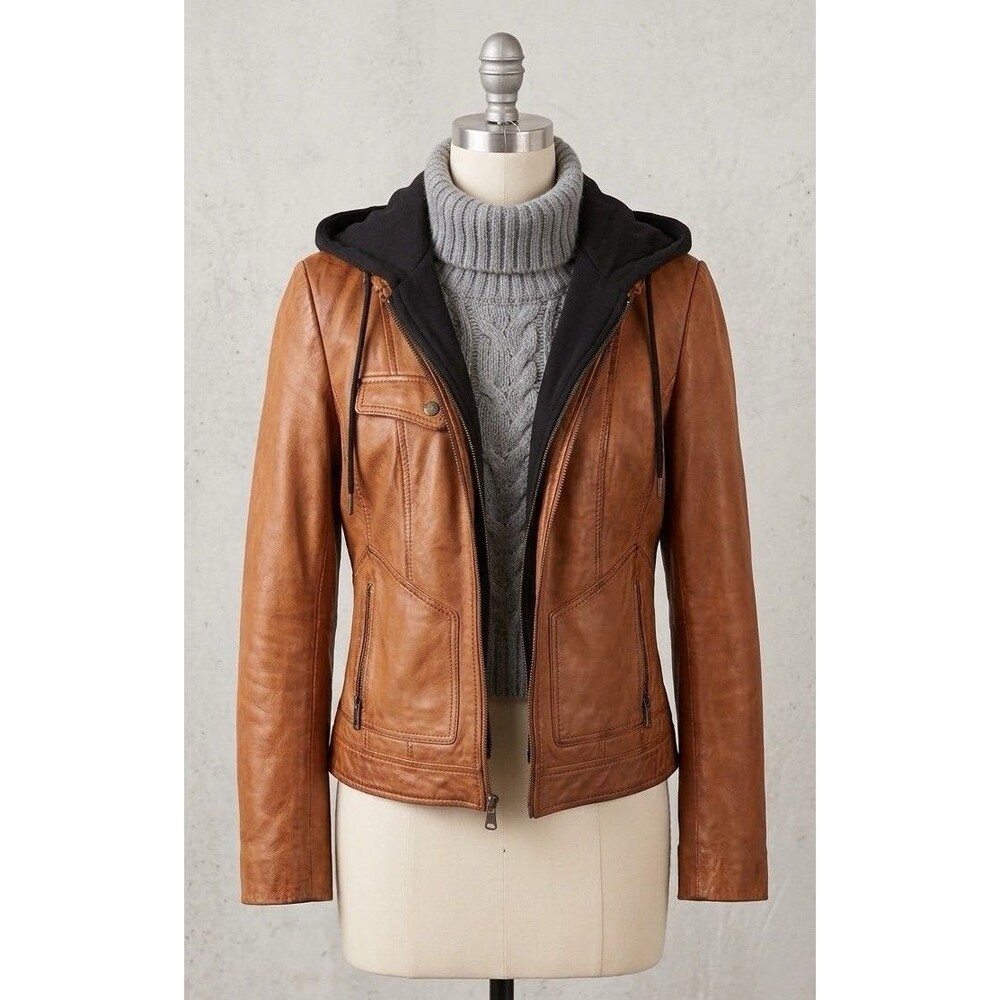 Marc New York Brown Cognac Leather Jacket XS Hooded Moto Andrew Marc